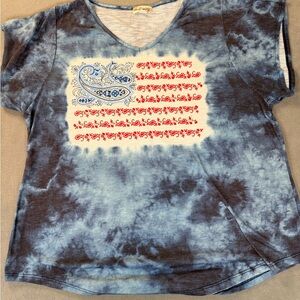 World Unity- Blue Tie Dye Textured American Flag-Women’s Short Sleeve T-Shirt-1X